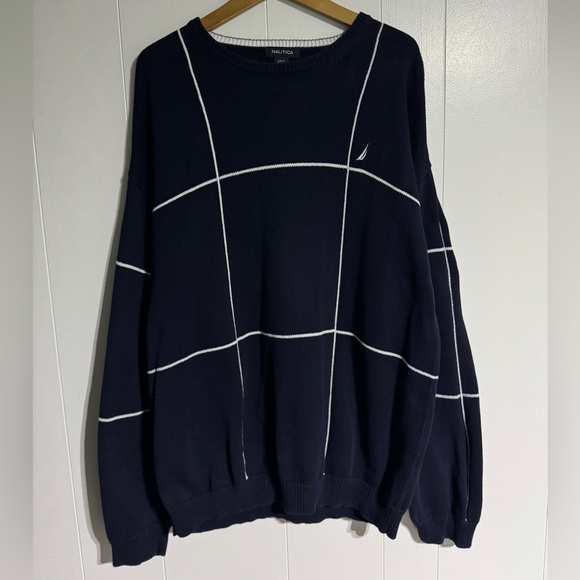 Nautica Other - Vintage Nautica Knit Sweater Simple Style Navy Blue Big Checkered Window Pane